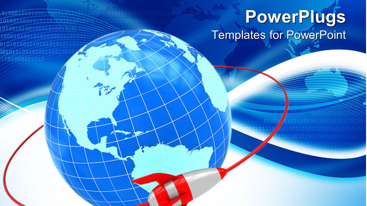 Rocket Orbiting Earth Globe, Flat World Map Background, Binary Code