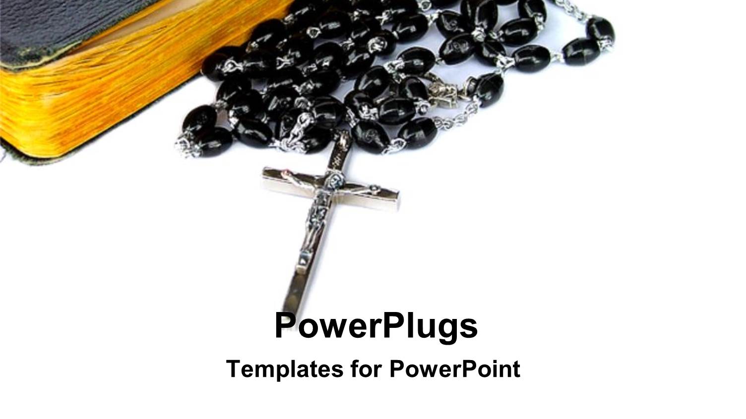 Rosary with Black Beads with Crucifix Beside Bible on White Background 