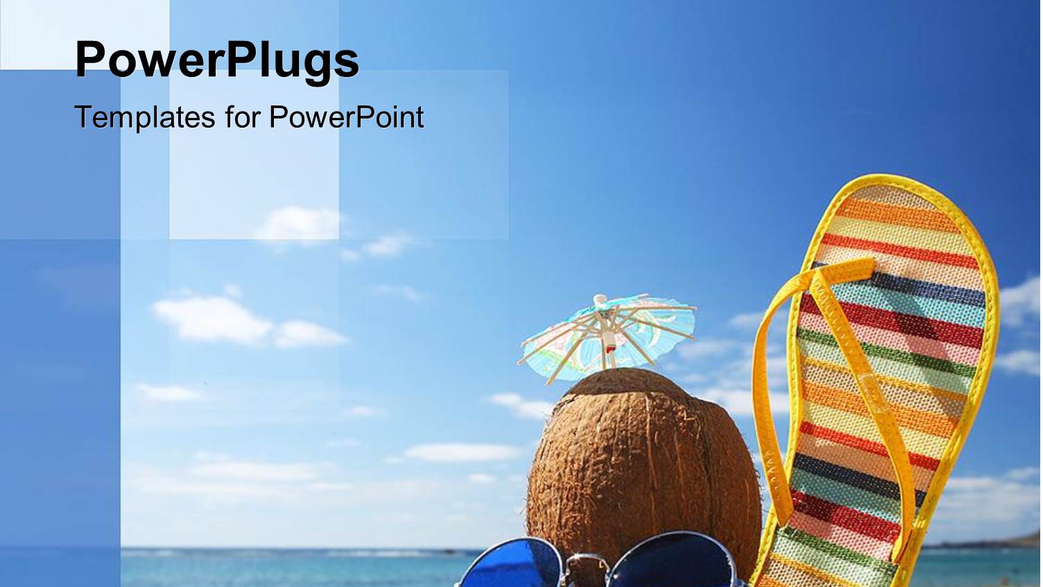 Round Sunglasses with Blue Lens, Coconut Drink with Umbrella and Yellow with Colorful Stripes Slipper in the Sand on