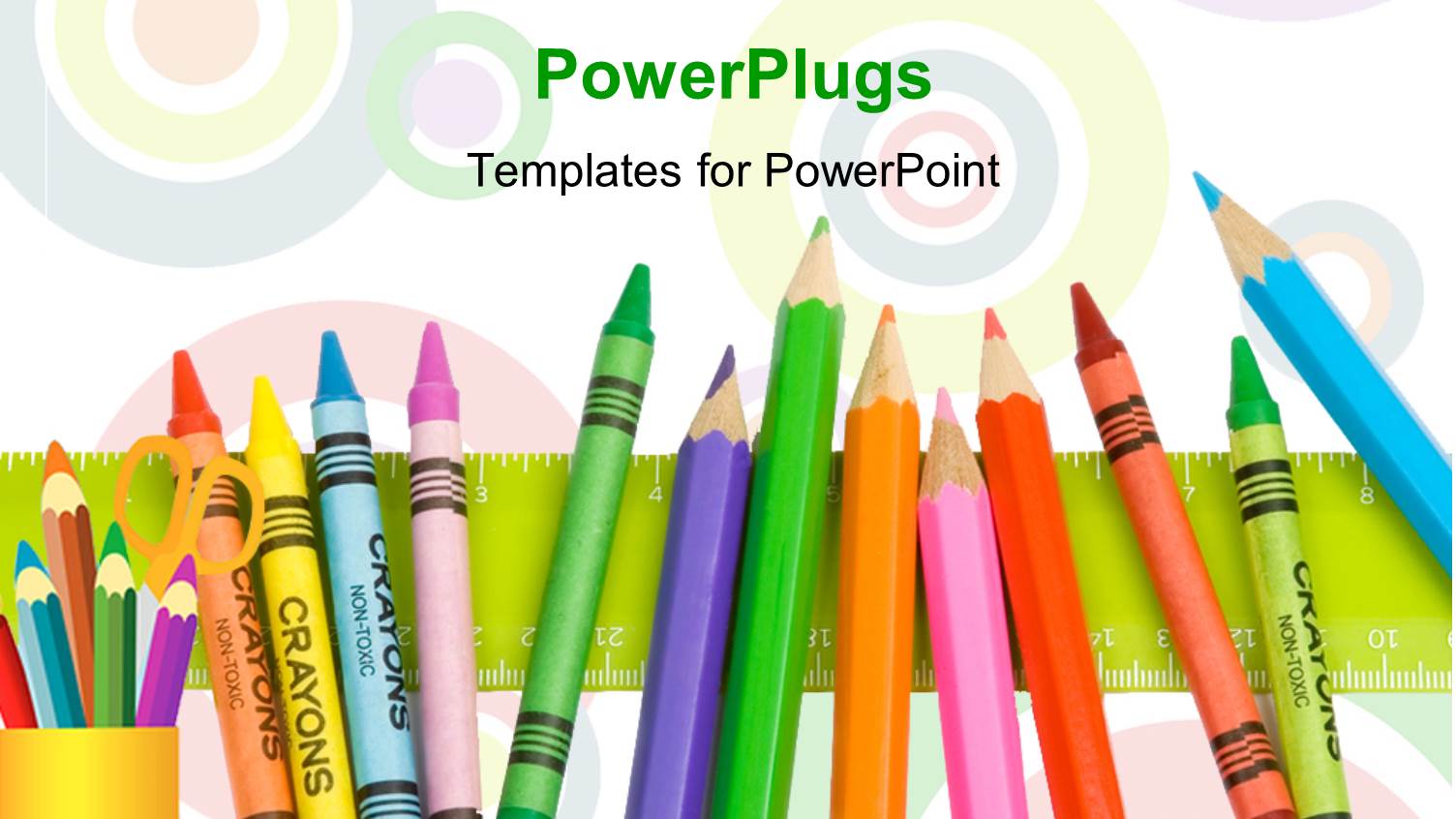 Row of Colorful Crayons on Green Ruler with Circles in Background