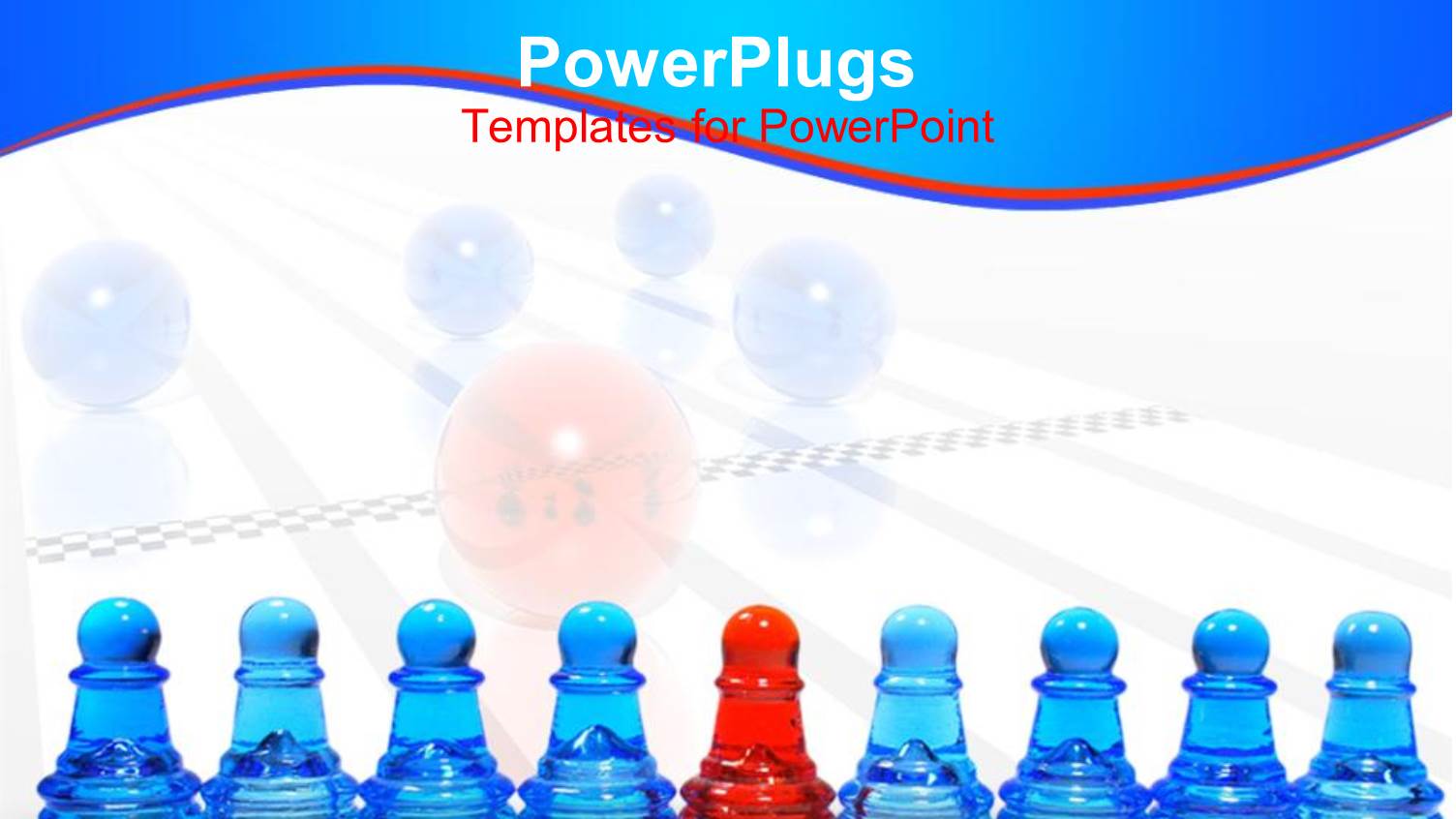 Row of Glossy Blue Pawns and a Red Pawn in the Middle