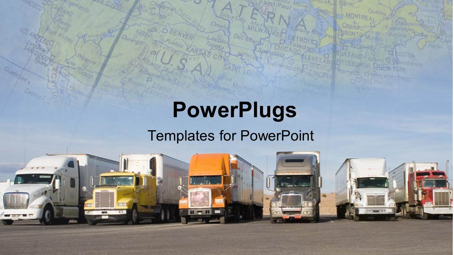 Row of large Diesel Trucks with Globe in Background