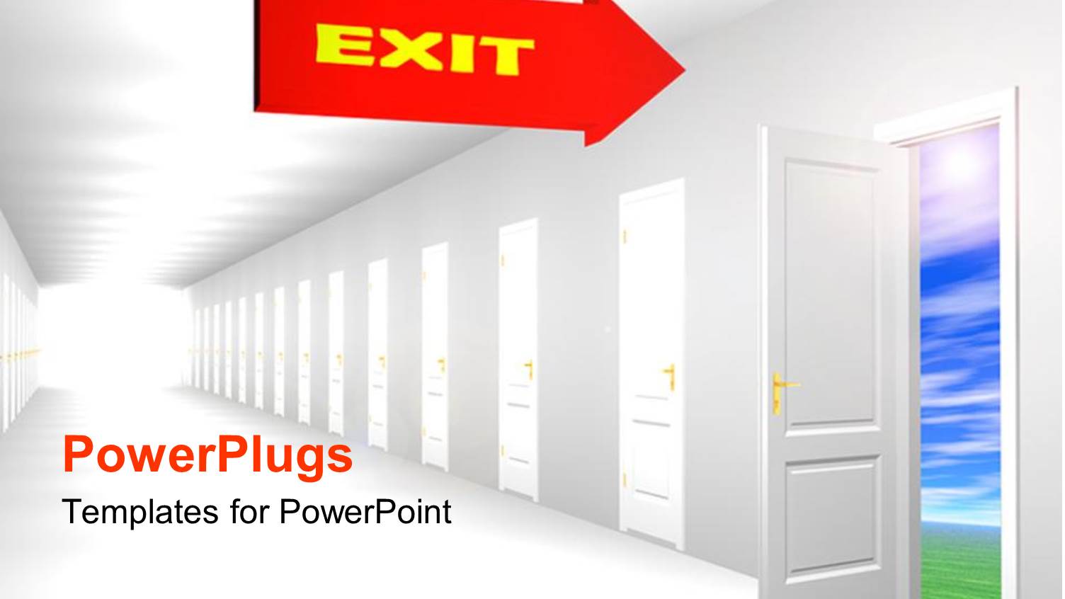 Row of White Closed Doors with One Opened Door and Red Arrow Sign with Yellow Exit Pointing to the Open Door