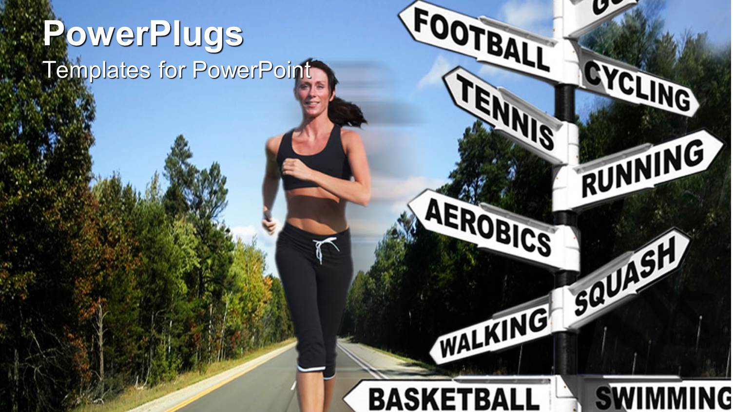 Running Woman on a Road with Trees, Signpost with Words Related to Sports Golf Football Cycling Tennis Running Aerobics