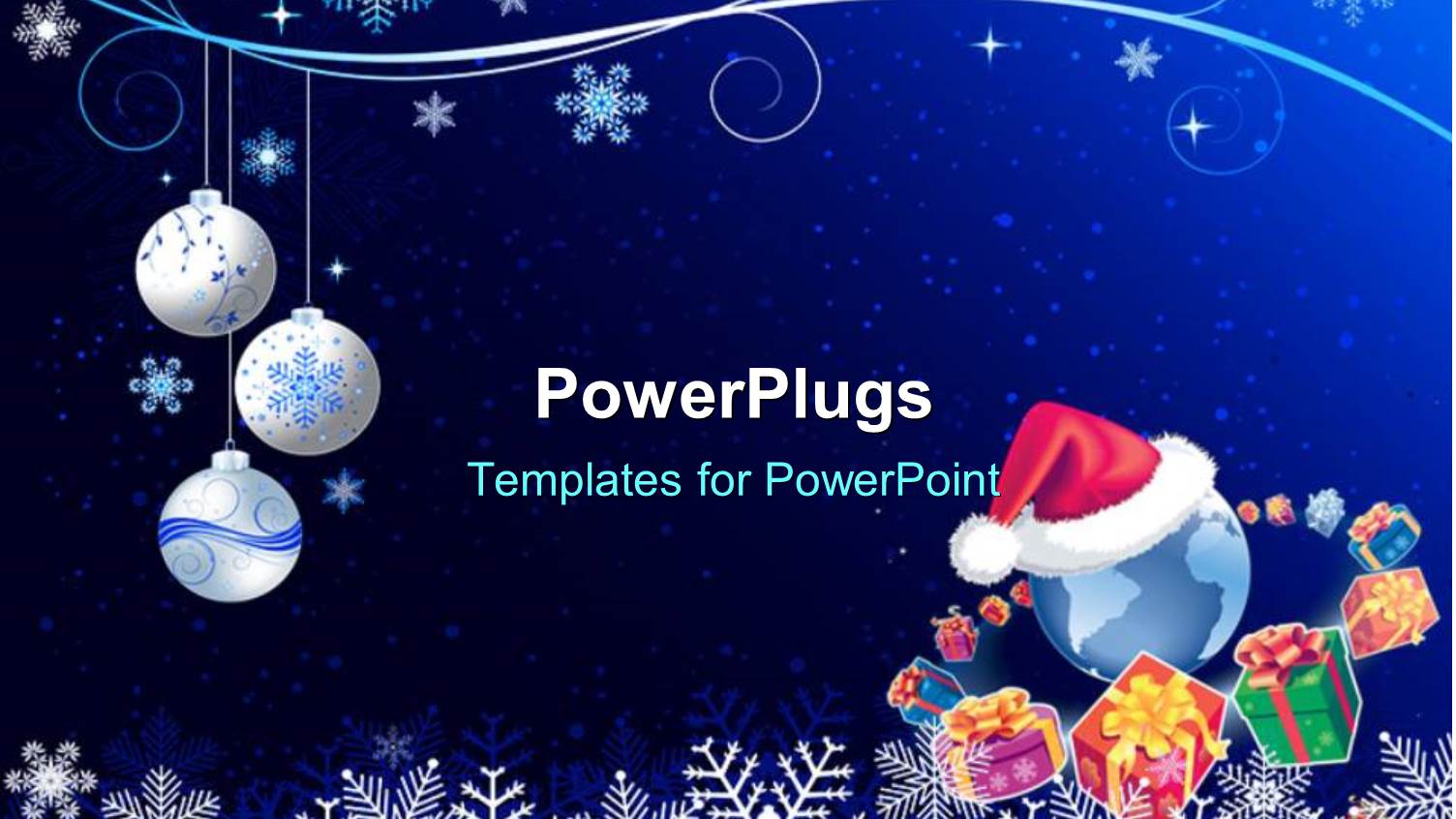 Santa Cap with Silver Ornaments and Snow Flakes on Blue Background 