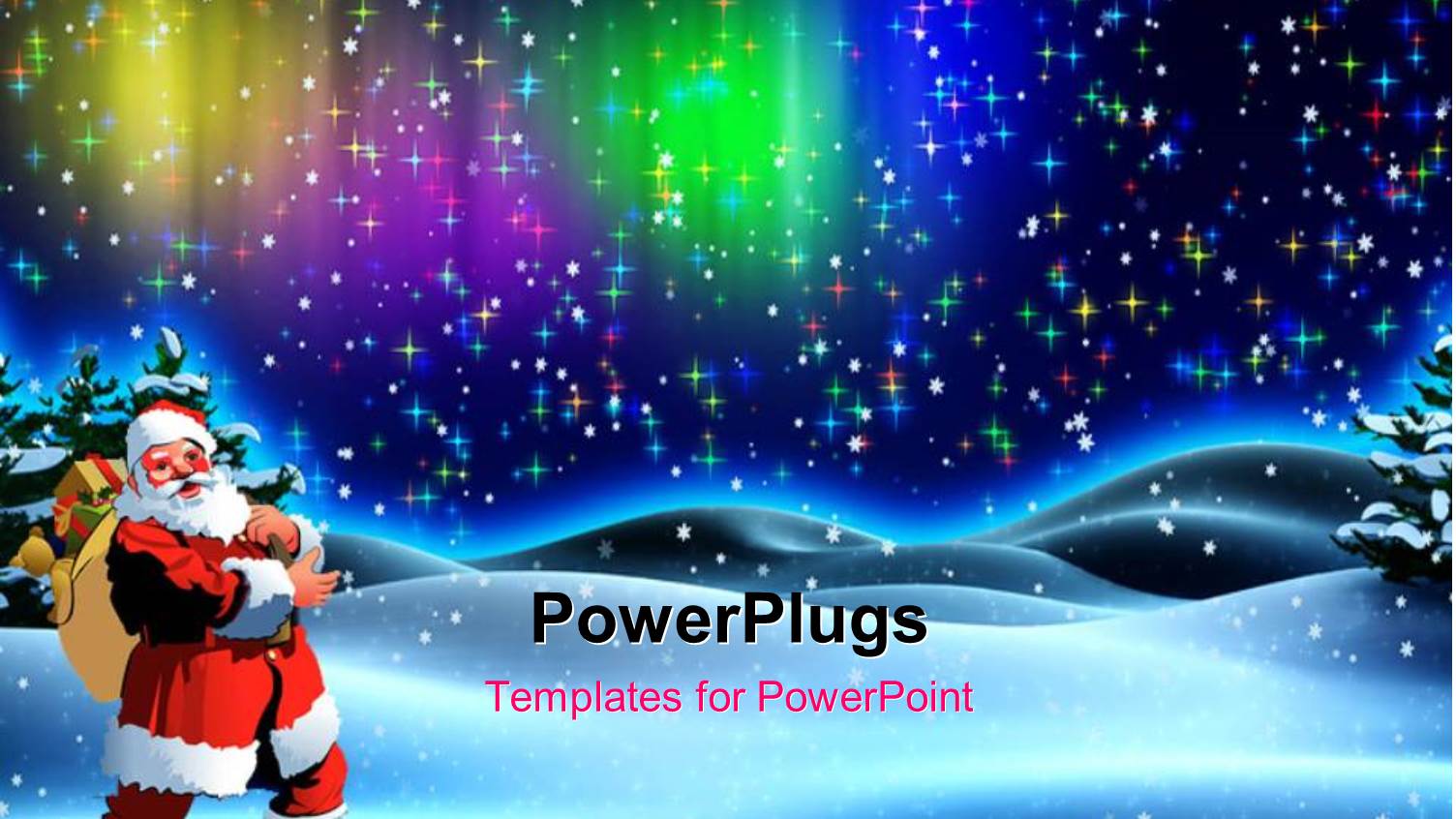 Santa Claus with Gift Bag in Snow Field Over Colorful Background 