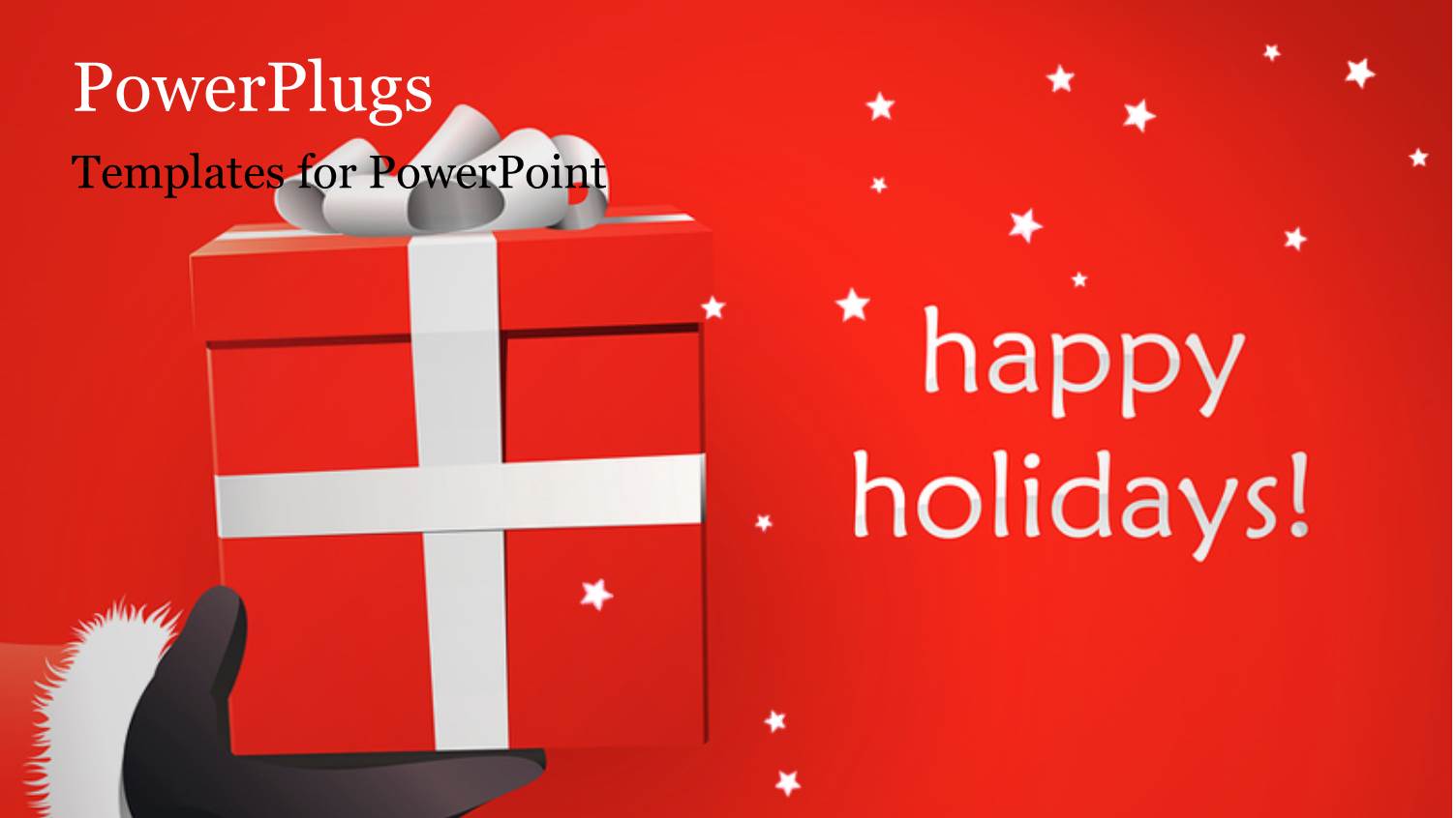 Santa Claus with Gift Box in Hand and Stars on Red Background 