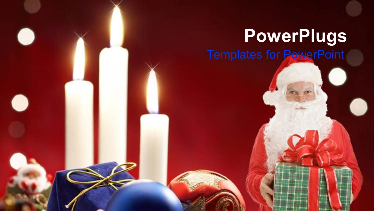 Santa Claus Holding Gift Next to Christmas Decorations and Three Burning White Candles