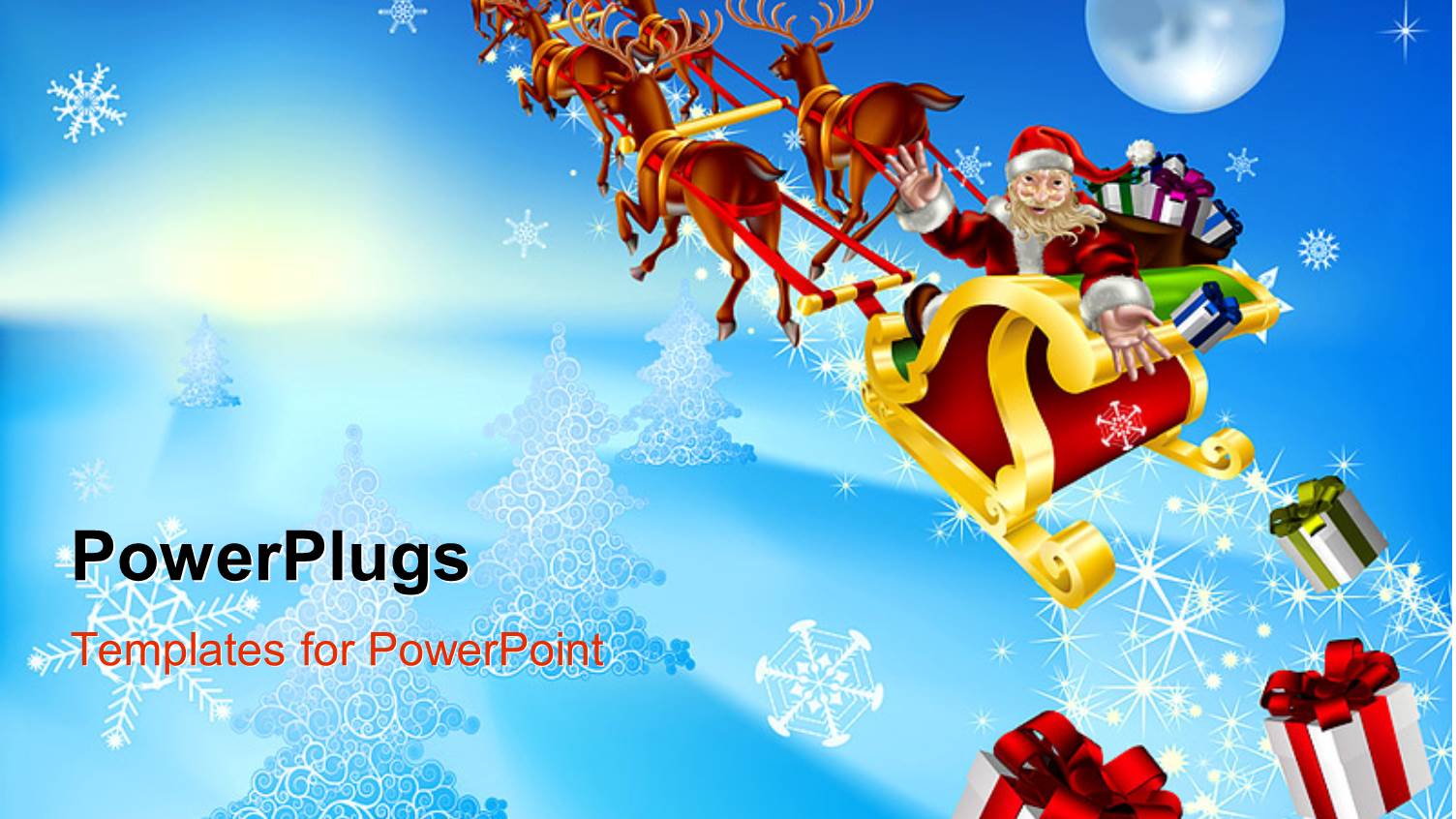 Santa Claus Riding in Christmas Sleigh with Falling Gift Box on Blue Surface