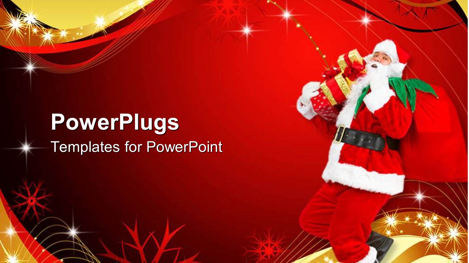 Santa Claus Walking with Gift Bag and Boxes Over Shoulder