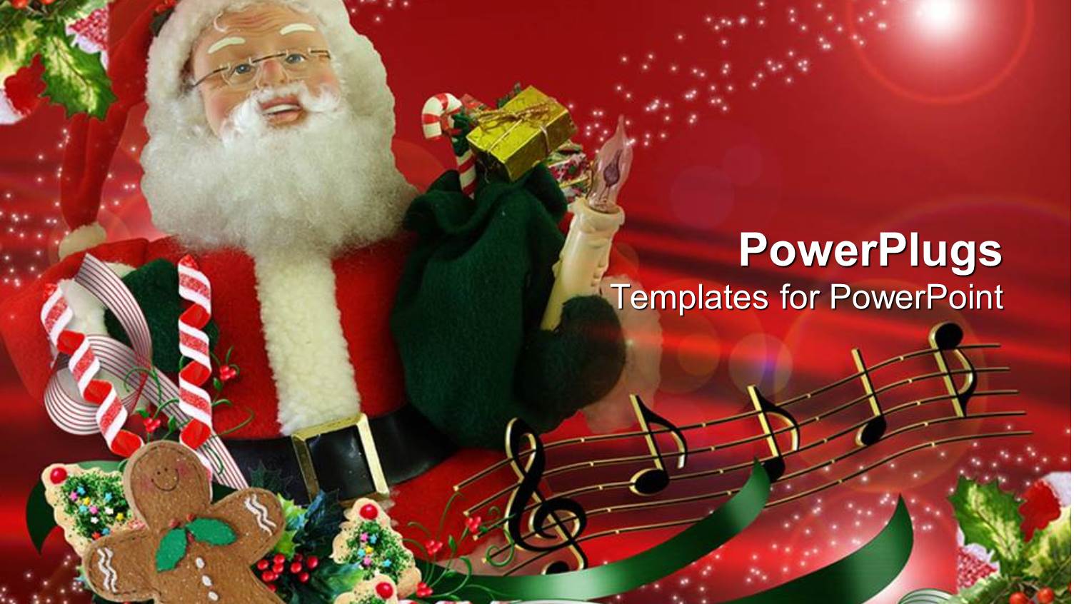 a Santa Clause Character Holding Lots of Gifts on a Red Background