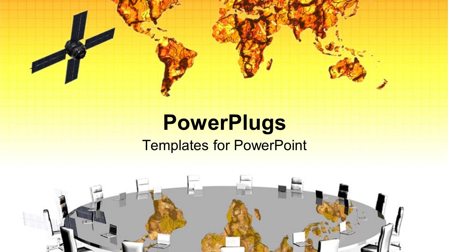 Satellite Next to World Map Above Reflective large Conference Table Surrounded by Empty Chairs