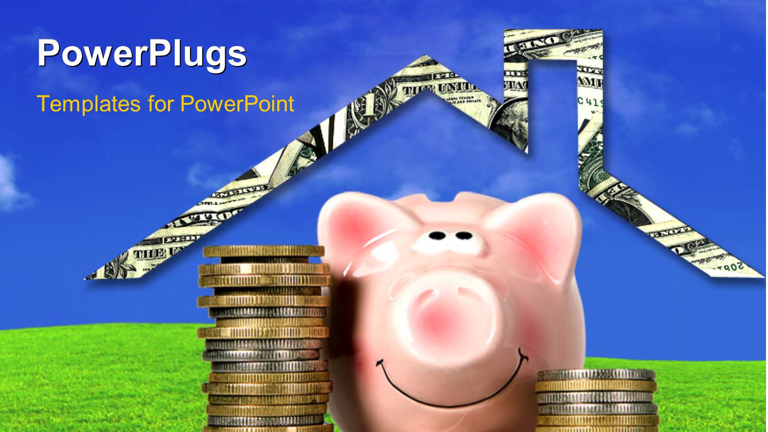 Saving Piggy Bank Smiling Near Stack of Coins with Landscape