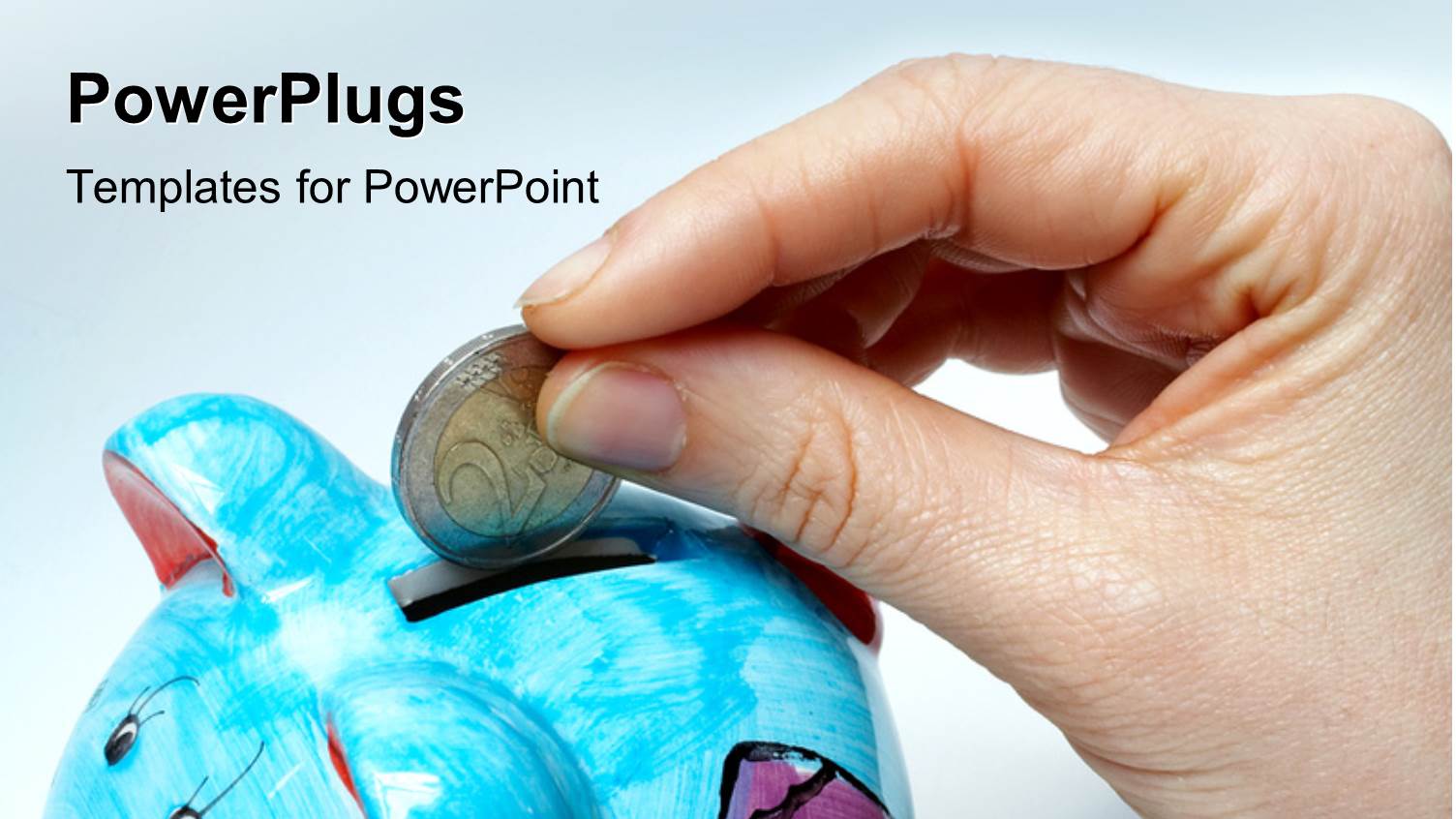 Savings Depiction with Hand Dropping Gold Coin in Blue Piggy Bank