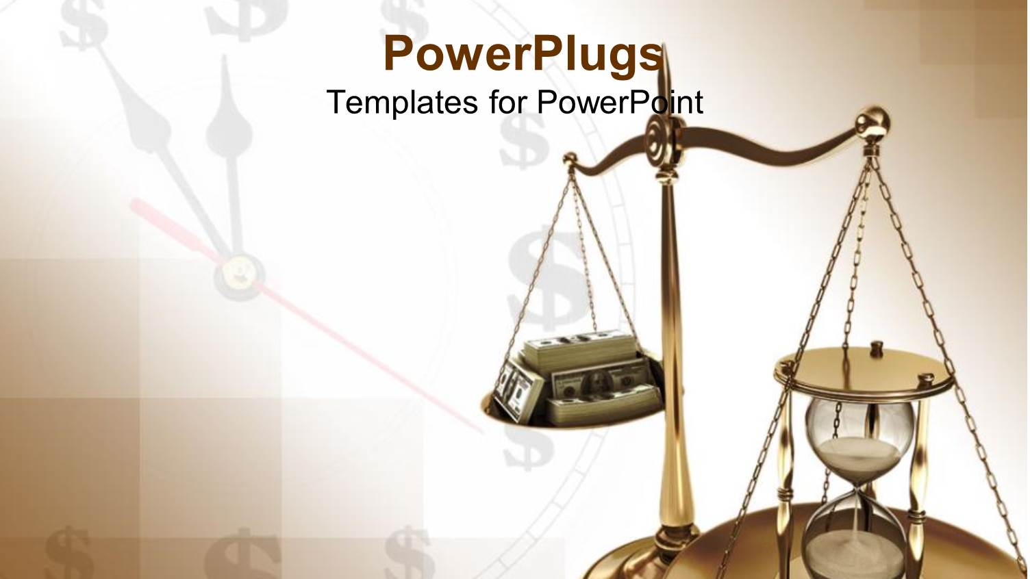 Scales of Justice with Hourglass Opposite Stack of Case Against Clock Background with Dollar Signs