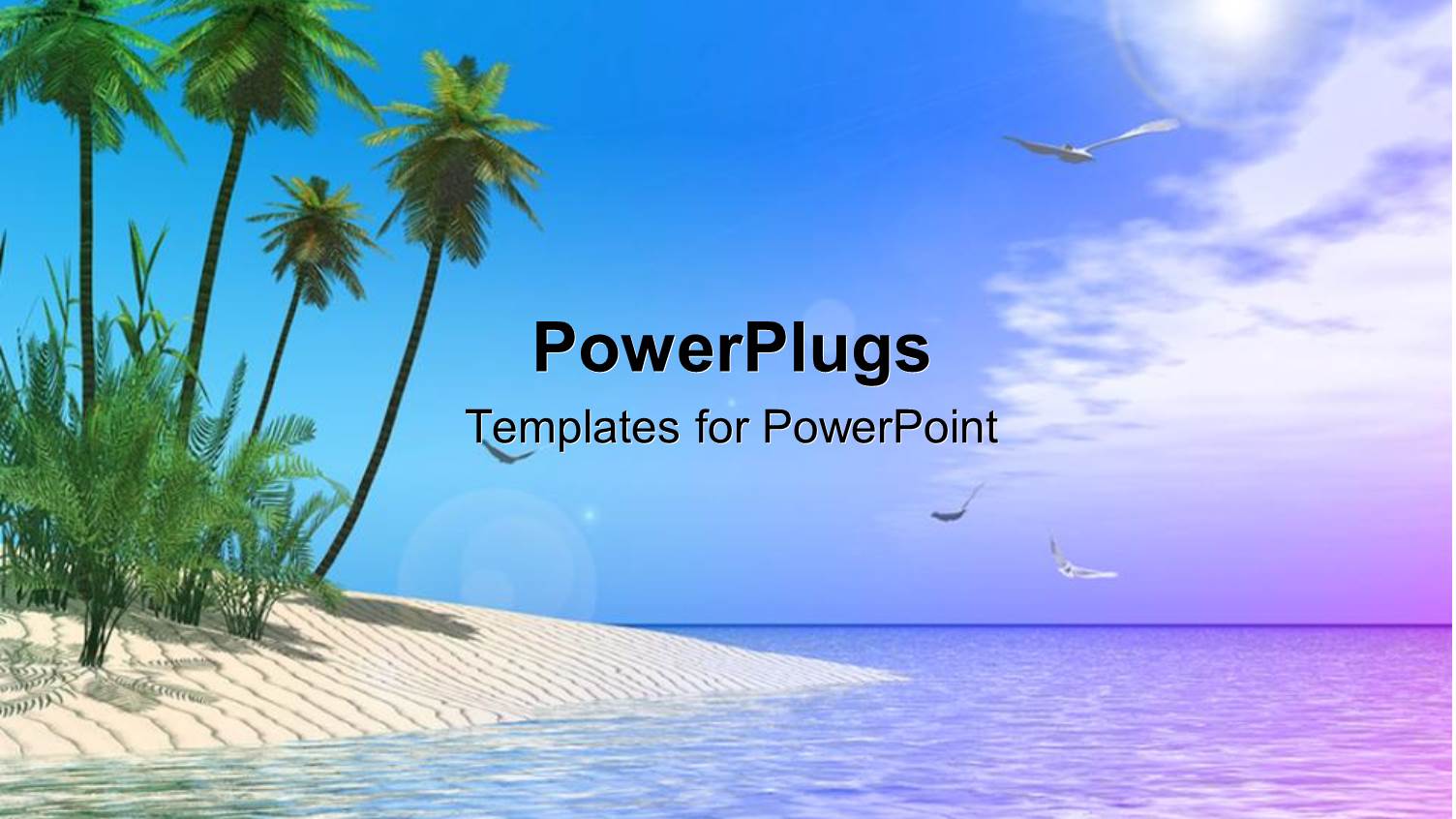 Scenery of Tropical Beach with Palm Trees and Birds Soaring in Sky