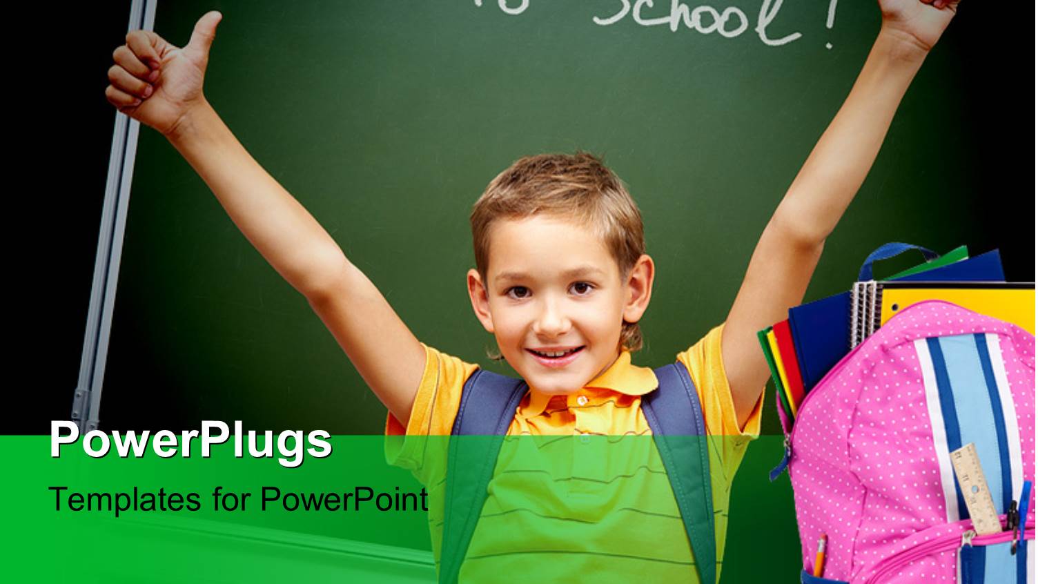 School Depiction with Young Kid Dressed for School and Learning Tools