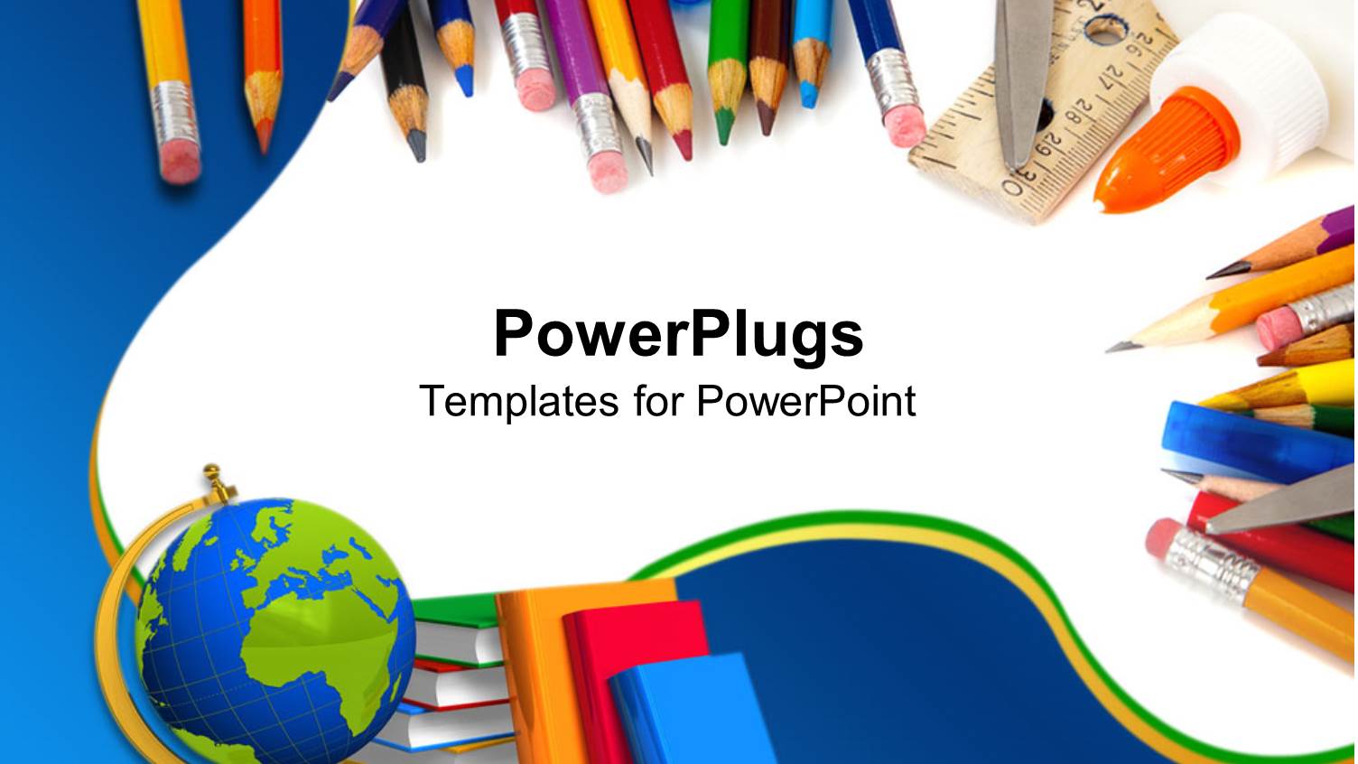 School Supplies with Pencils, Globe, Books, Glue, and Scissors on Blue and White Background