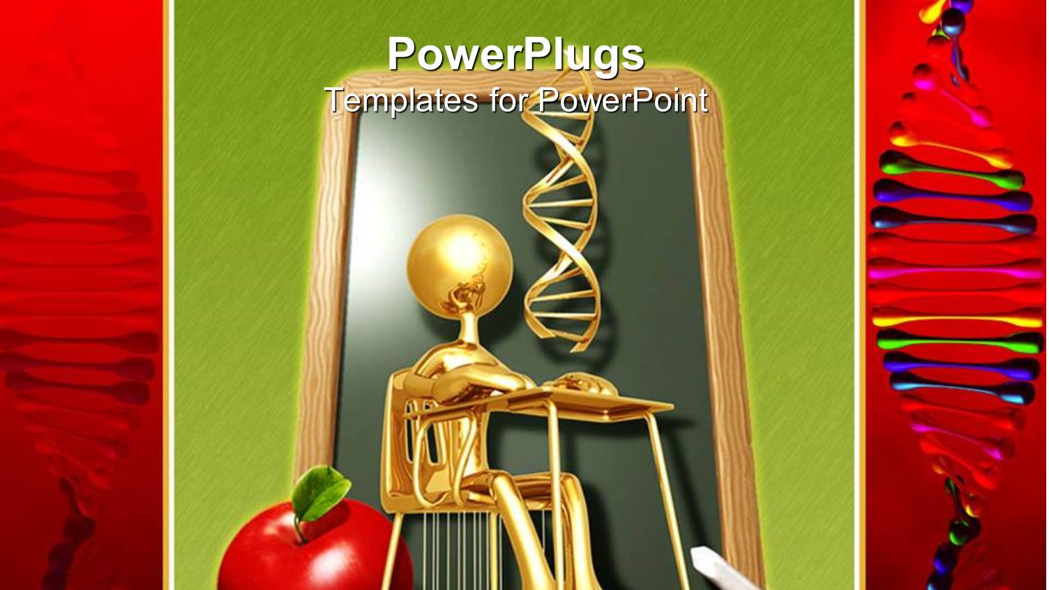 School Theme, 3D Golden Figure Sitting in the Classroom in the Bench, with Chalkboard and White Chalk Apple and DNA