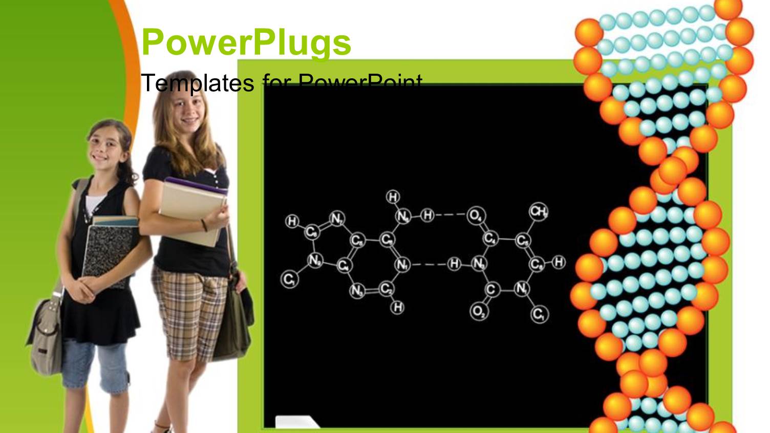 School Theme with Black Chalkboard Showing Chemical Formula, DNA Strand, Two Girl Pupils Holding Books, Notebooks and