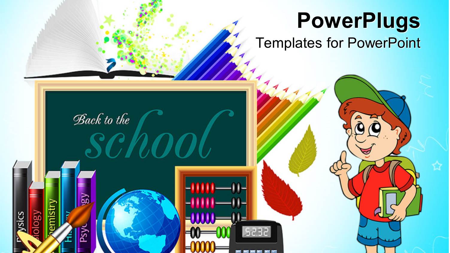 School Theme with Cartoon Kid Chalkboard Books School Globe Calculator Colored Pencils Painting Brush and Color Palette