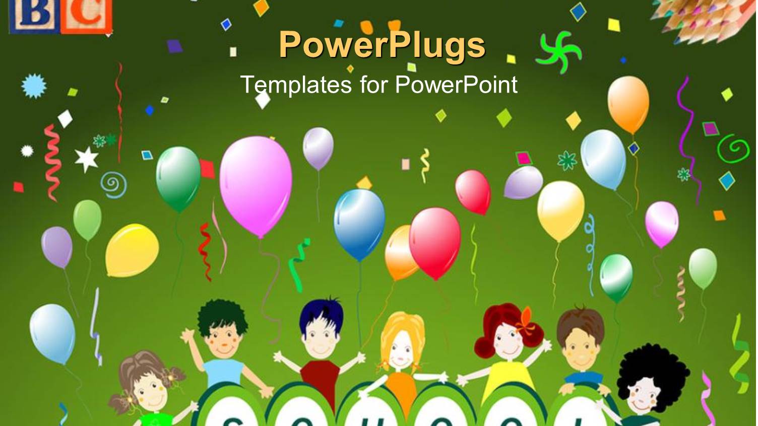 School Theme with Happy Children Around Word School and Colorful Balloons and Colored Pencils