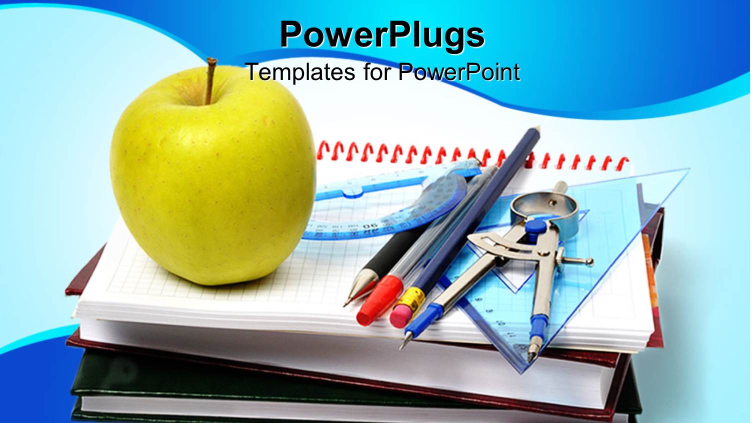 School Theme with Notebooks, Math Tools, Pencils, Pens, Green Apple