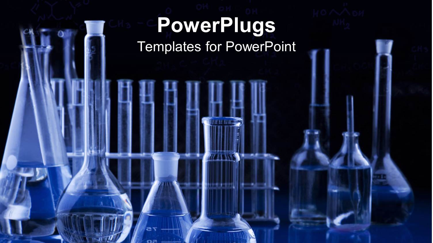 Science Research Laboratory with Test Tubes, Vials, Flasks in Blue with Black Background