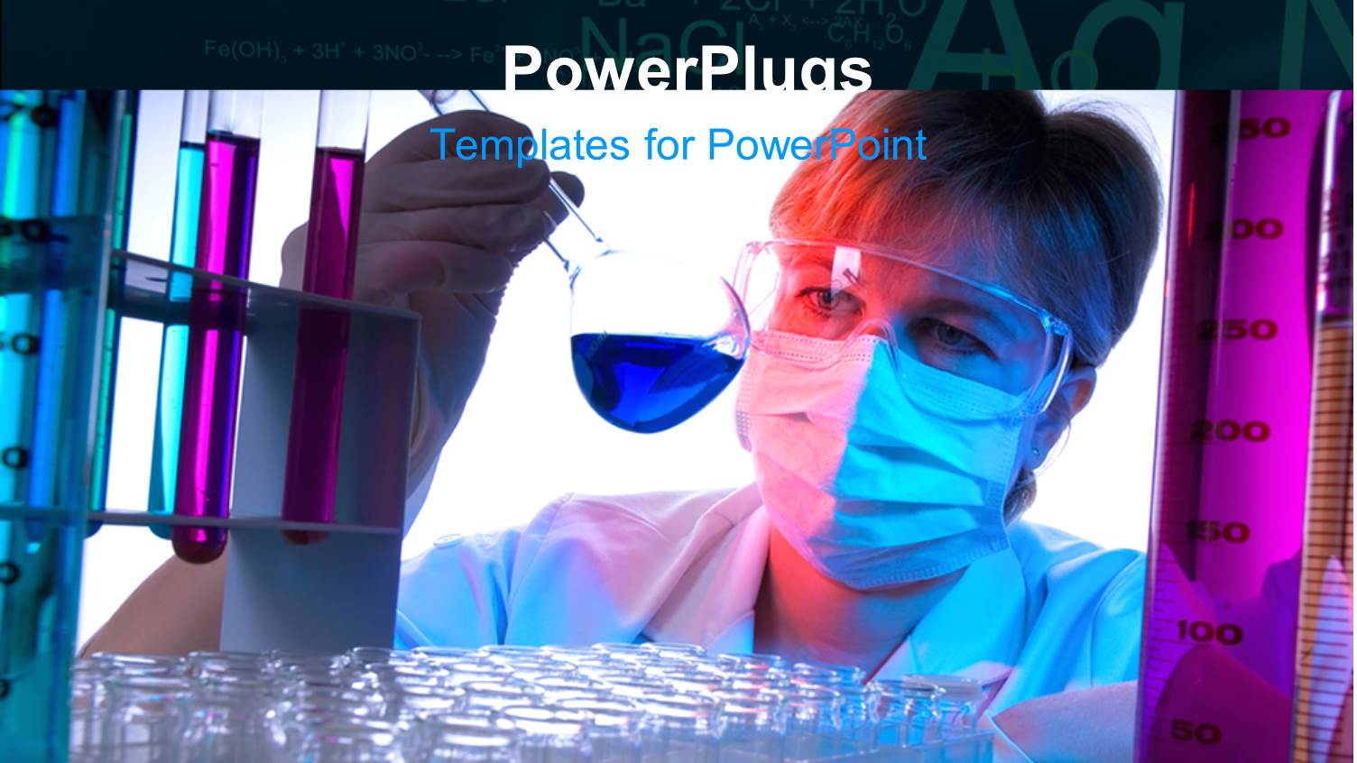 Scientist with Nose Mask Examines Beaker with Blue Colored Solution