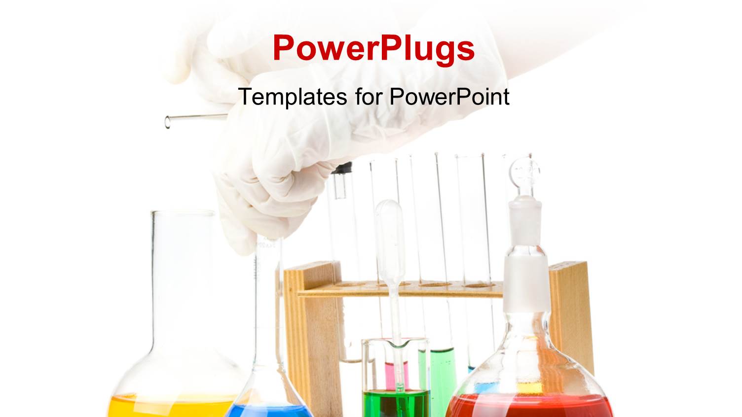 Scientist Performing Experiment in Laboratory with Colored Solutions in Flasks and Beakers