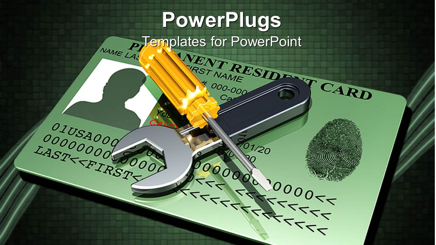 Screw Driver Sitting across Wrench on Top of Green Thumb Print Credit Card on Dark Background