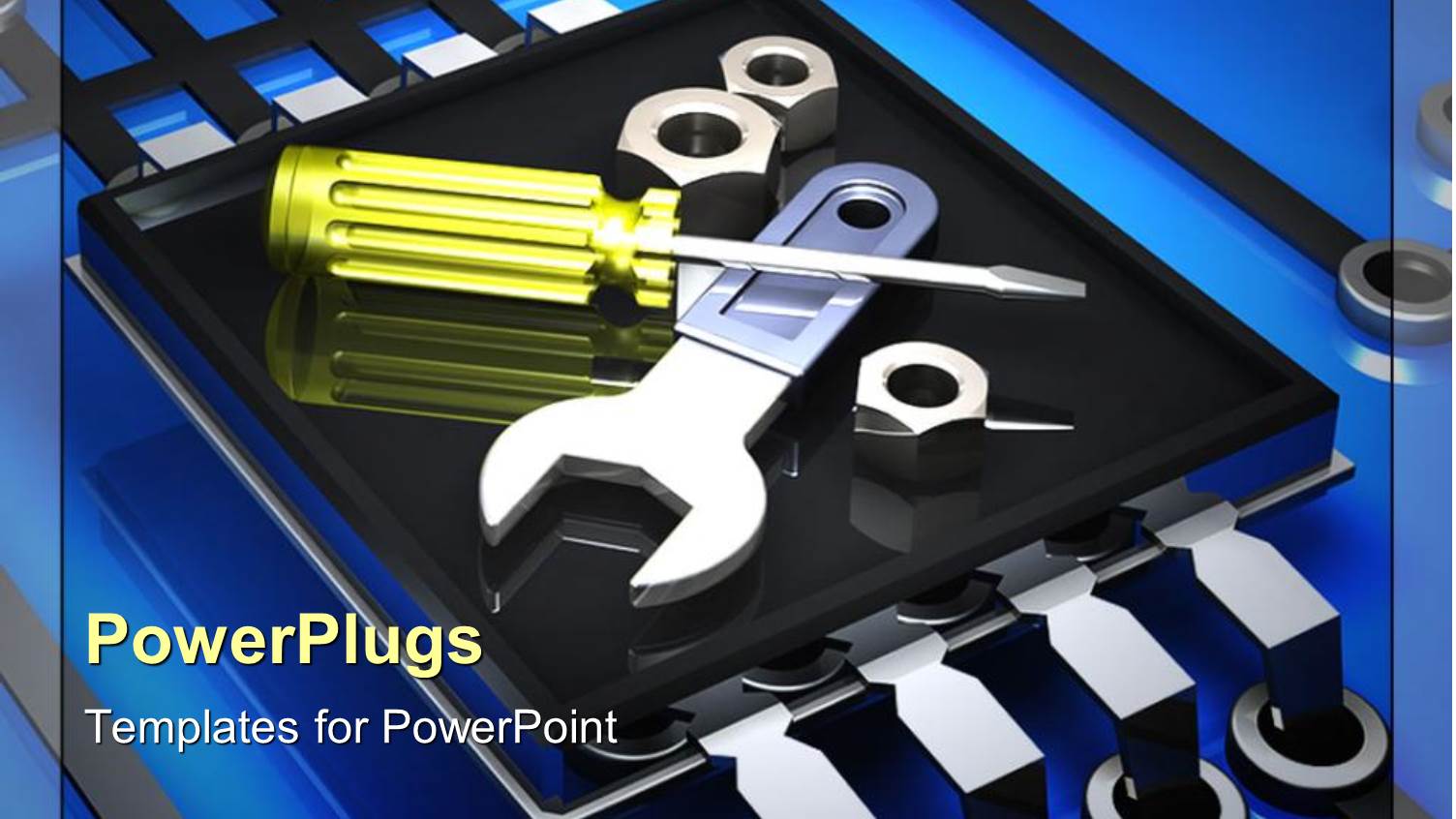 Screwdriver and Wrench is Placed on Microchip with Blue Background