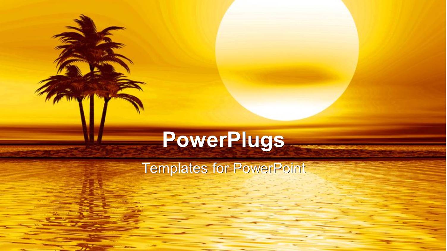 a Sea with a Umber of Palm Trees and Sun in the Background