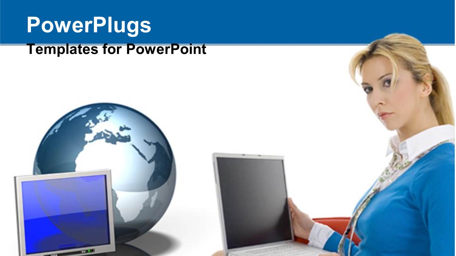 Serious Blond Woman Holding Open Laptop on Lap, Computer Monitor and Globe on White Background