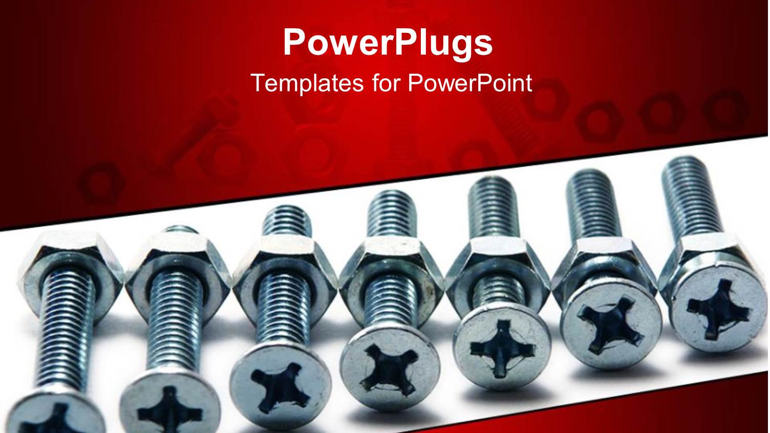 Seven 3D Silver Screws with Hex Nuts on White Background Inserted on the Red Background