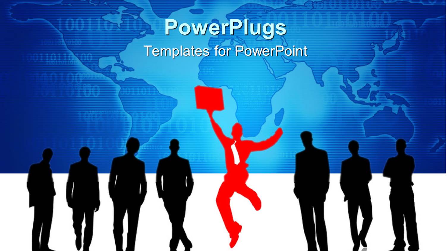 Seven Black Silhouettes of Business Men and Red Silhouette of Business Man with Suitcase Jumping with World Map on Blue