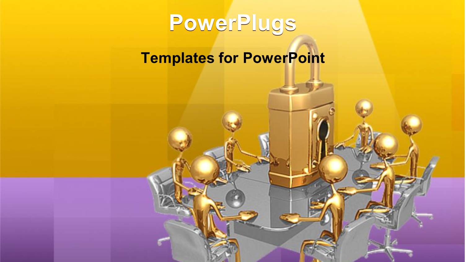 Seven Brass Figures Seated in Meeting with huge Padlock on Table