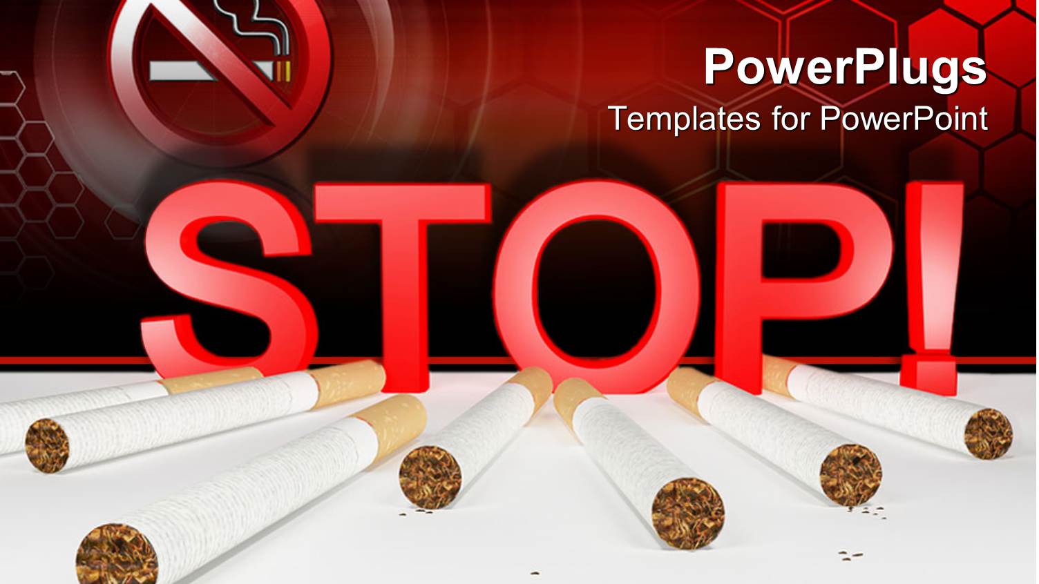 Seven Cigarettes and 3D Red Stop Sign with no Smoking Sign in the Top Left Corner on Red Cells Background