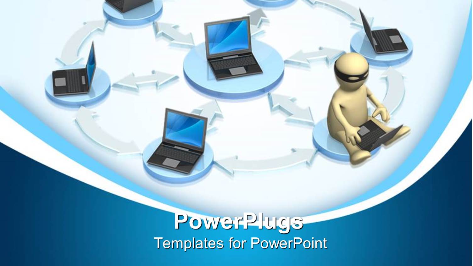 Seven Connected Laptops on Round Tables with Arrows and 3D Figure with Eye Mask Holding Laptop Hacker Concept for