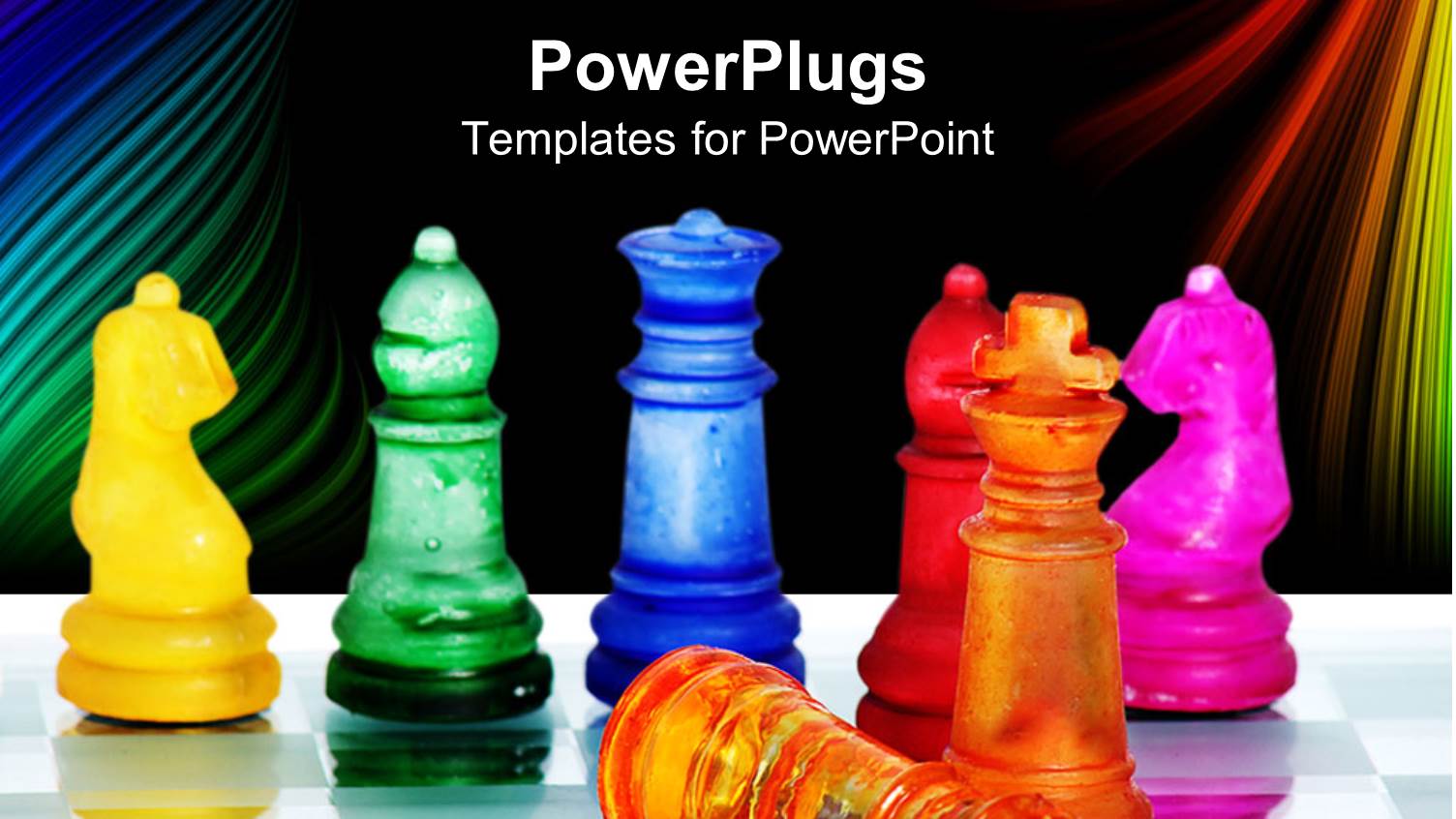 Seven Different Colored Chess Pieces on a Reflective Chess Board