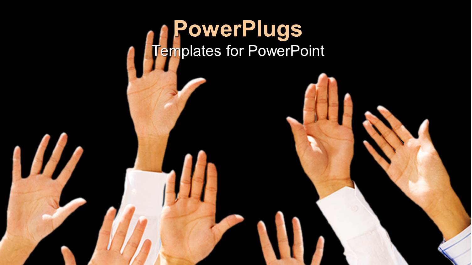 Seven Different Hands Raised Up Over a Black Background