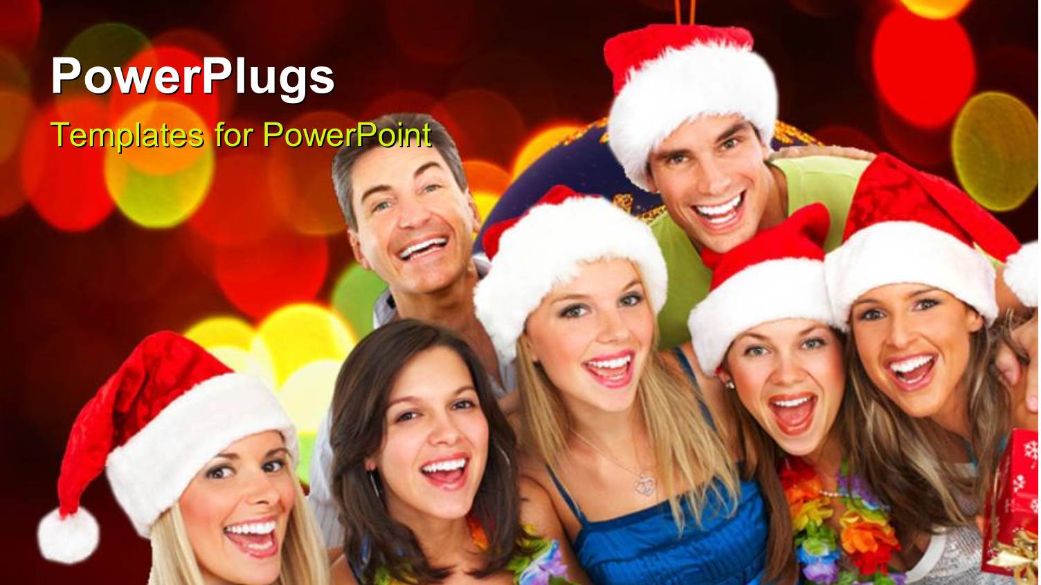 Seven People Wearing Christmas Caps Smiling Happily