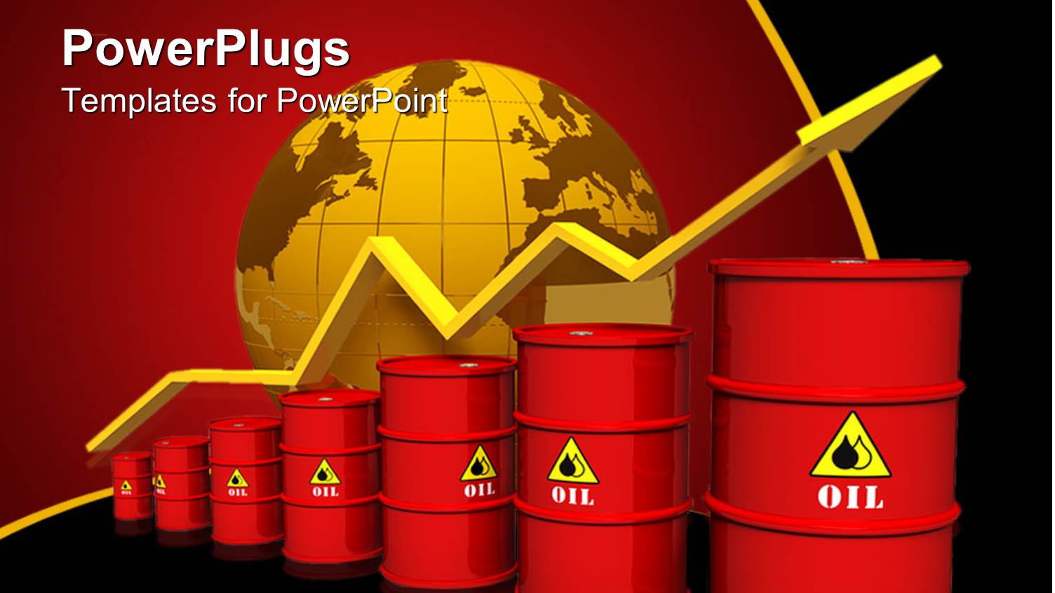 Seven Red Oil Barrels in Chart Line with Yellow Rising Arrow and Yellow Globe on Red and Black Background