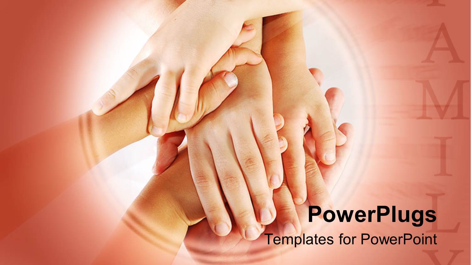 Several Children Hands Stacked on Each other Over Adult Hand and Family Word