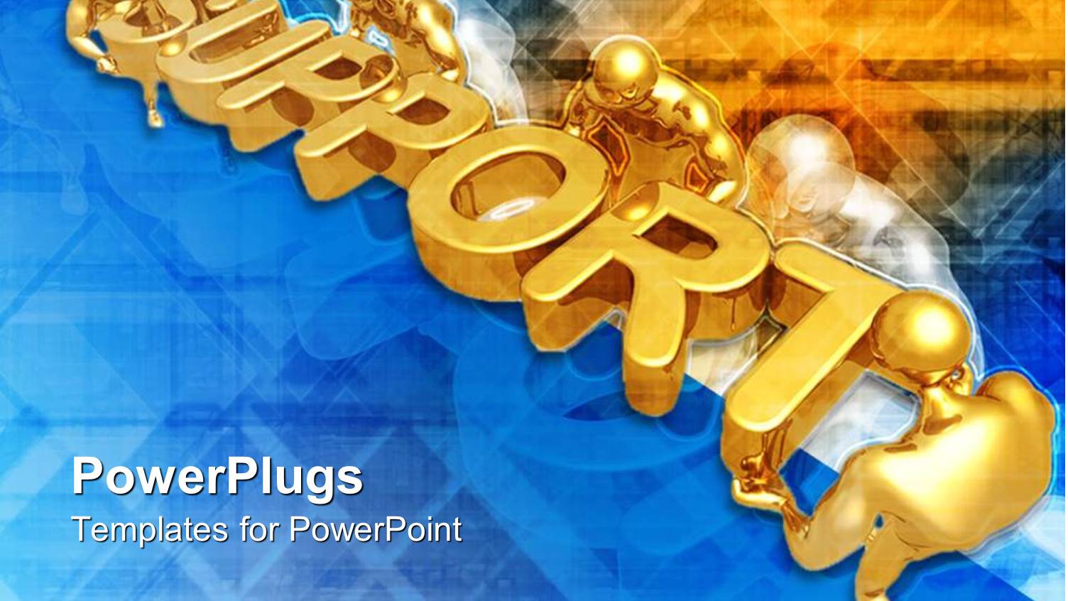 Several Gold Figures Holding Three Dimensional Word Support