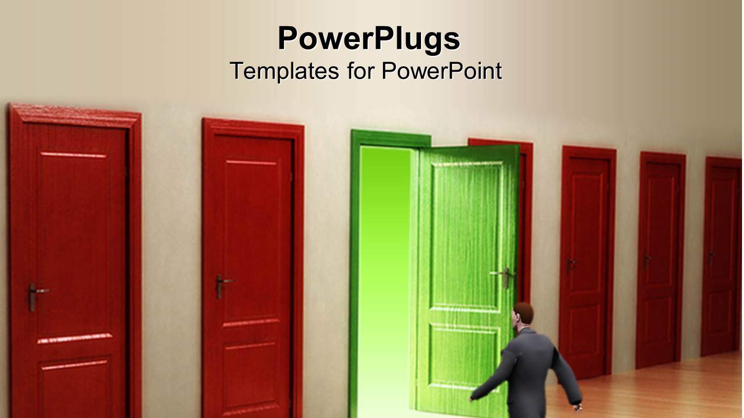 Several Red Shut Doors and Open Green Door with Business Man Going to Door