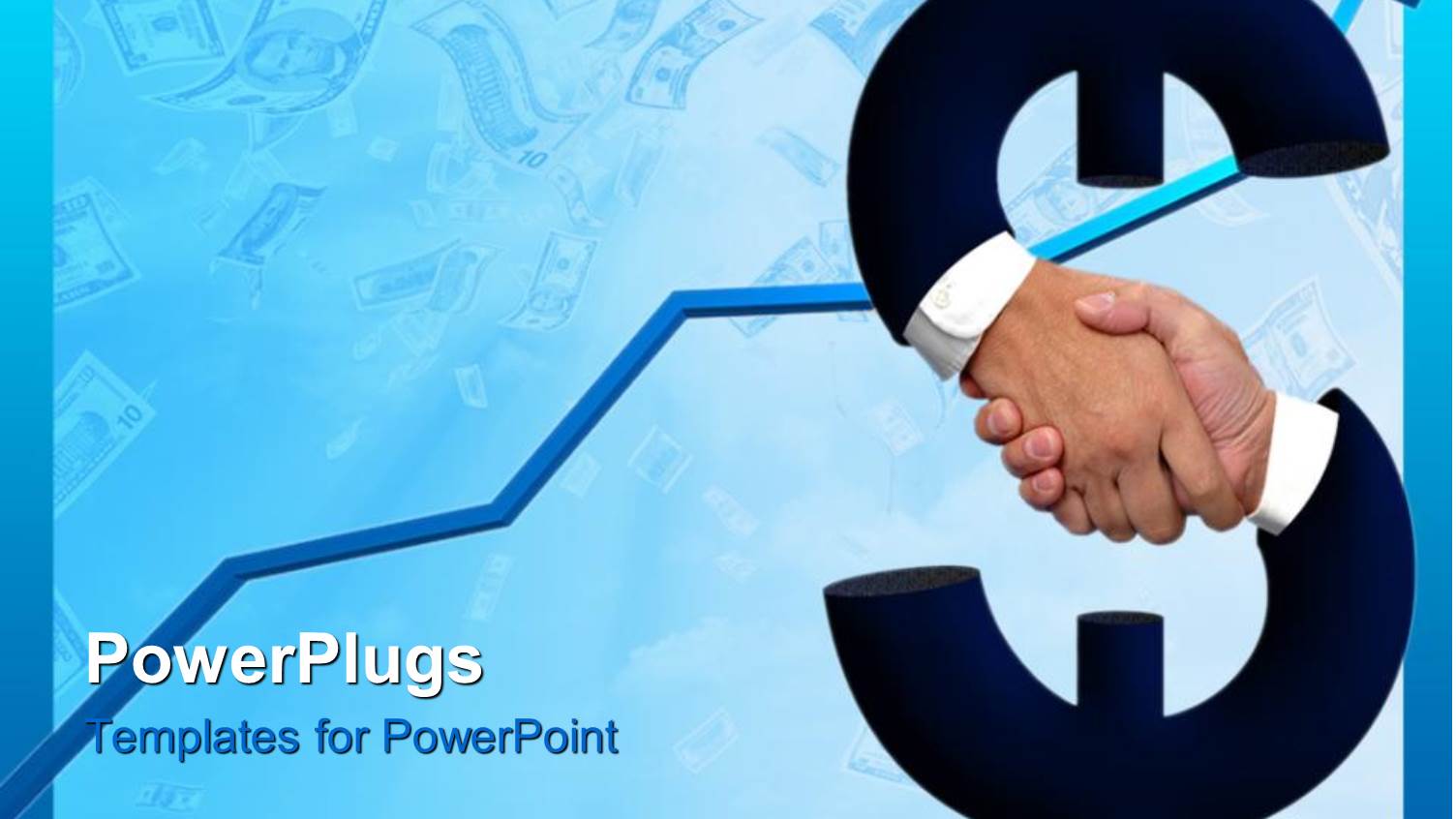 Shaking Hands Forming Dollar Sign and Money Bills with Raising Arrow on Blue Background