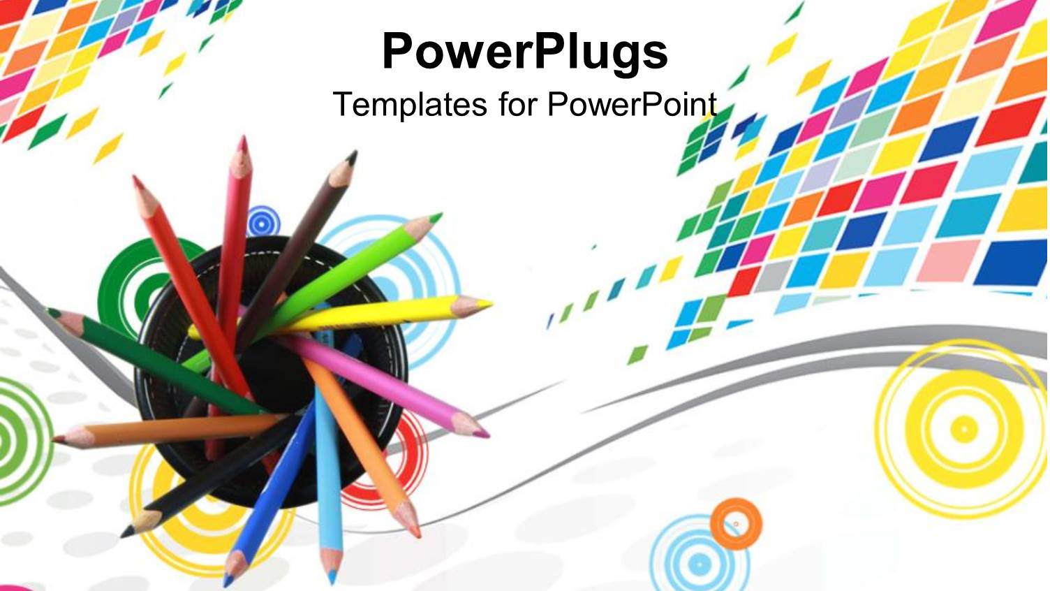 Sharpened Colored Pencils in a Container Over Colorful Shapes on White Background