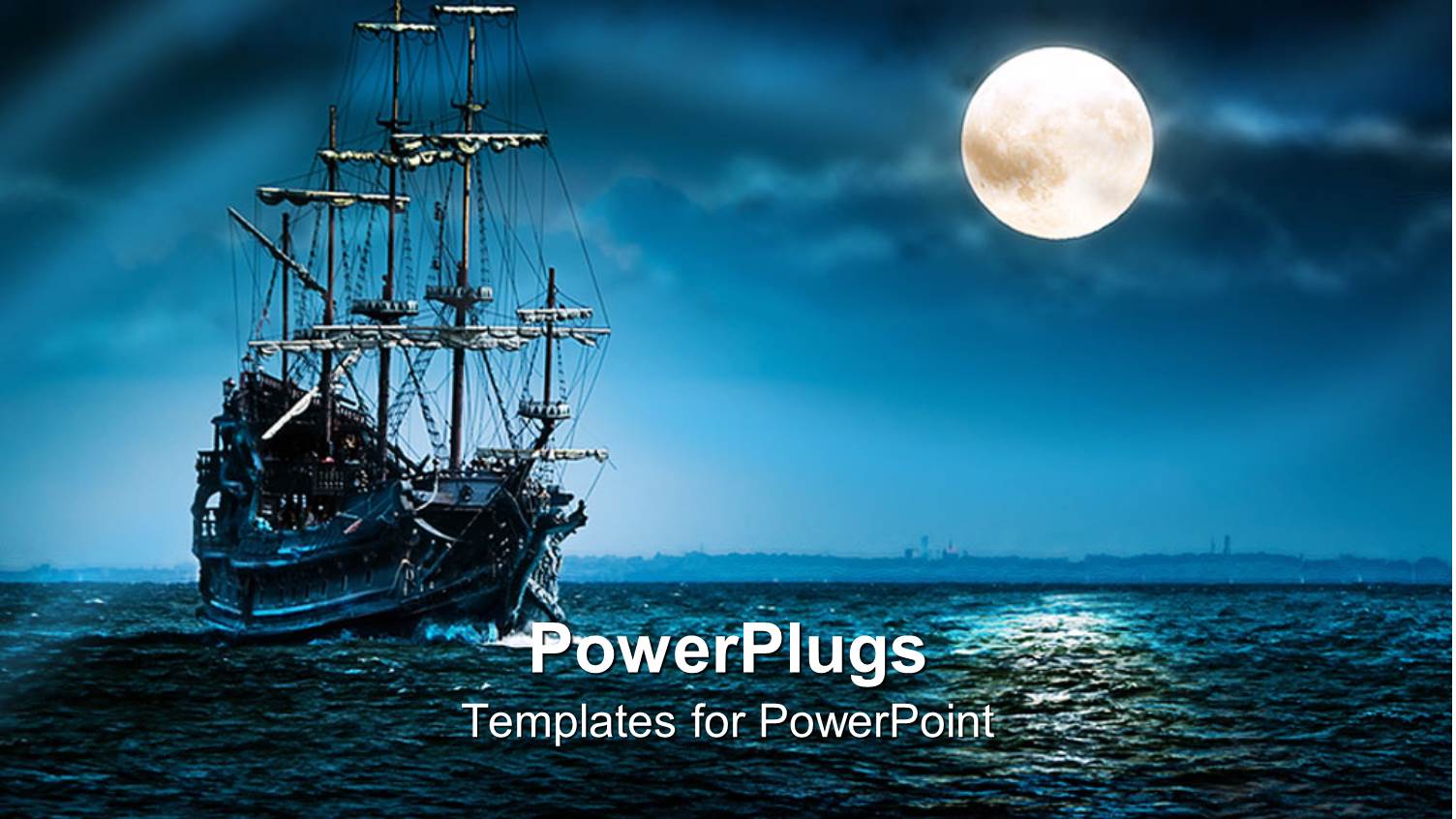 a Ship of Pirates in a Sea with Moon Shining on the Side.Blue Black Background with Mysterious Atmosphere