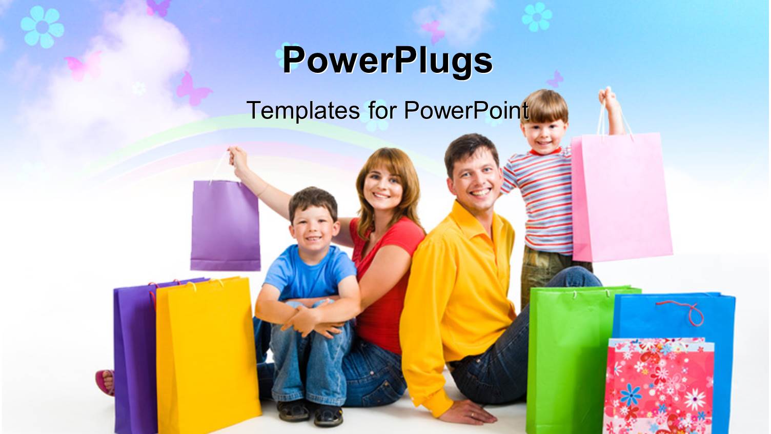 Shopping Depiction with Happy Family Sitting by Shopping Bags